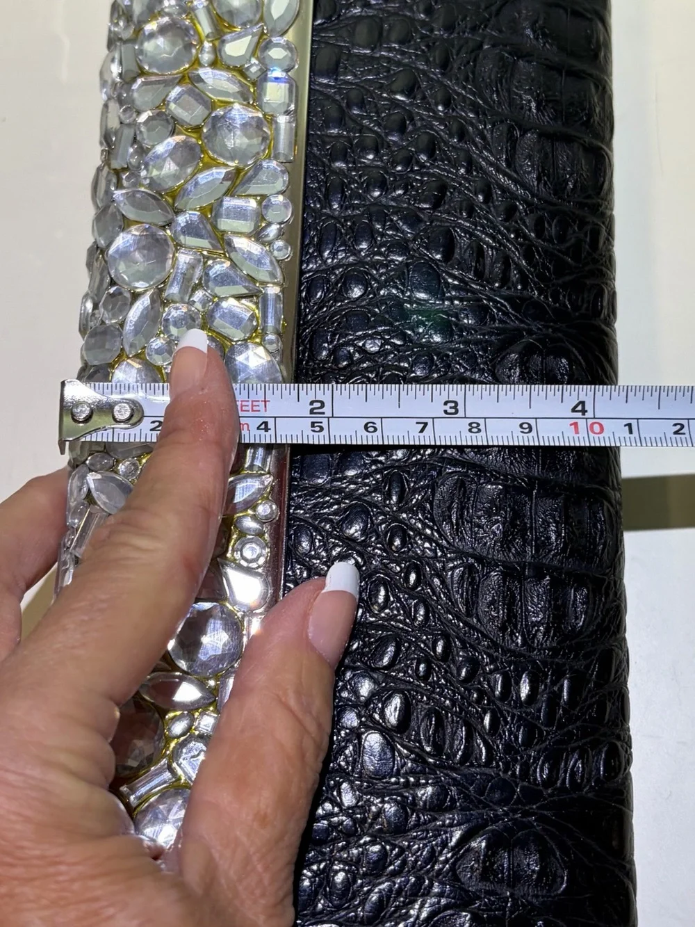 Black Embossed Crocodile Print Evening Clutch Dramatic Crystal Accent & Chain